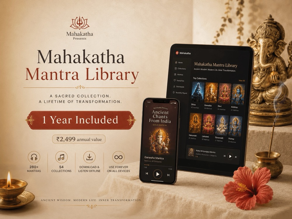 The Mahakatha Mantra Library shown on a tablet and a phone beside the shrine.
